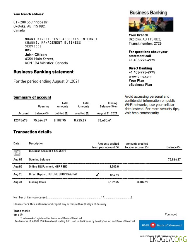 Canada Déclaration de BMO Banque de Montréal